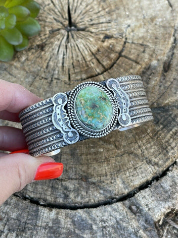 Navajo Sterling Silver & Sonoran Gold Turquoise Cuff Bracelet Signed & Stamped