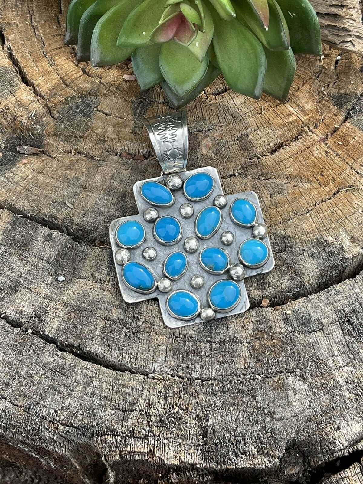 Navajo Mountain Blue Turquoise & Sterling Silver Southwest Cross Pendant Signed