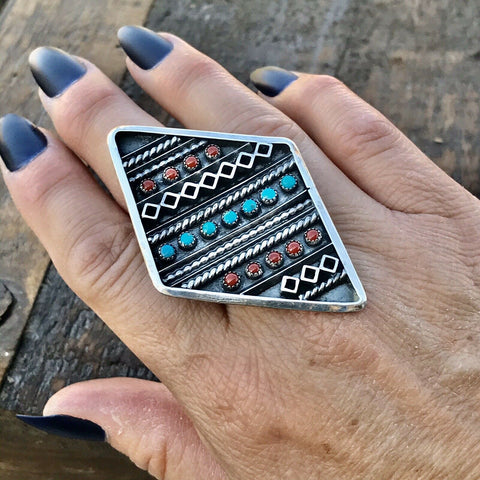 Navajo Multi Stone  Sterling Silver Statement Ring Size 8.5