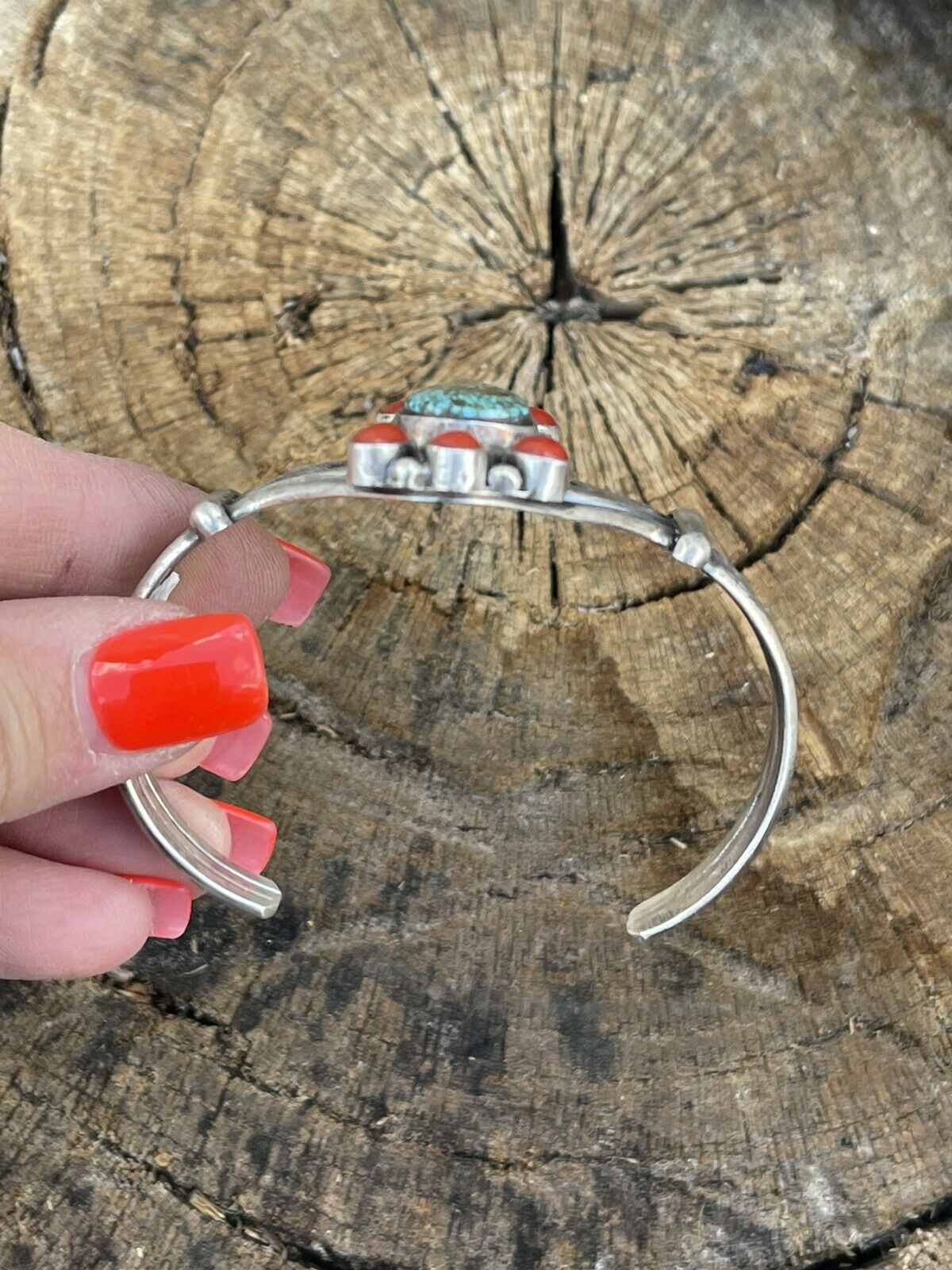 Navajo Sterling Kingman Web Turquoise & Red Coral Taos Bracelet Cuff Johnson