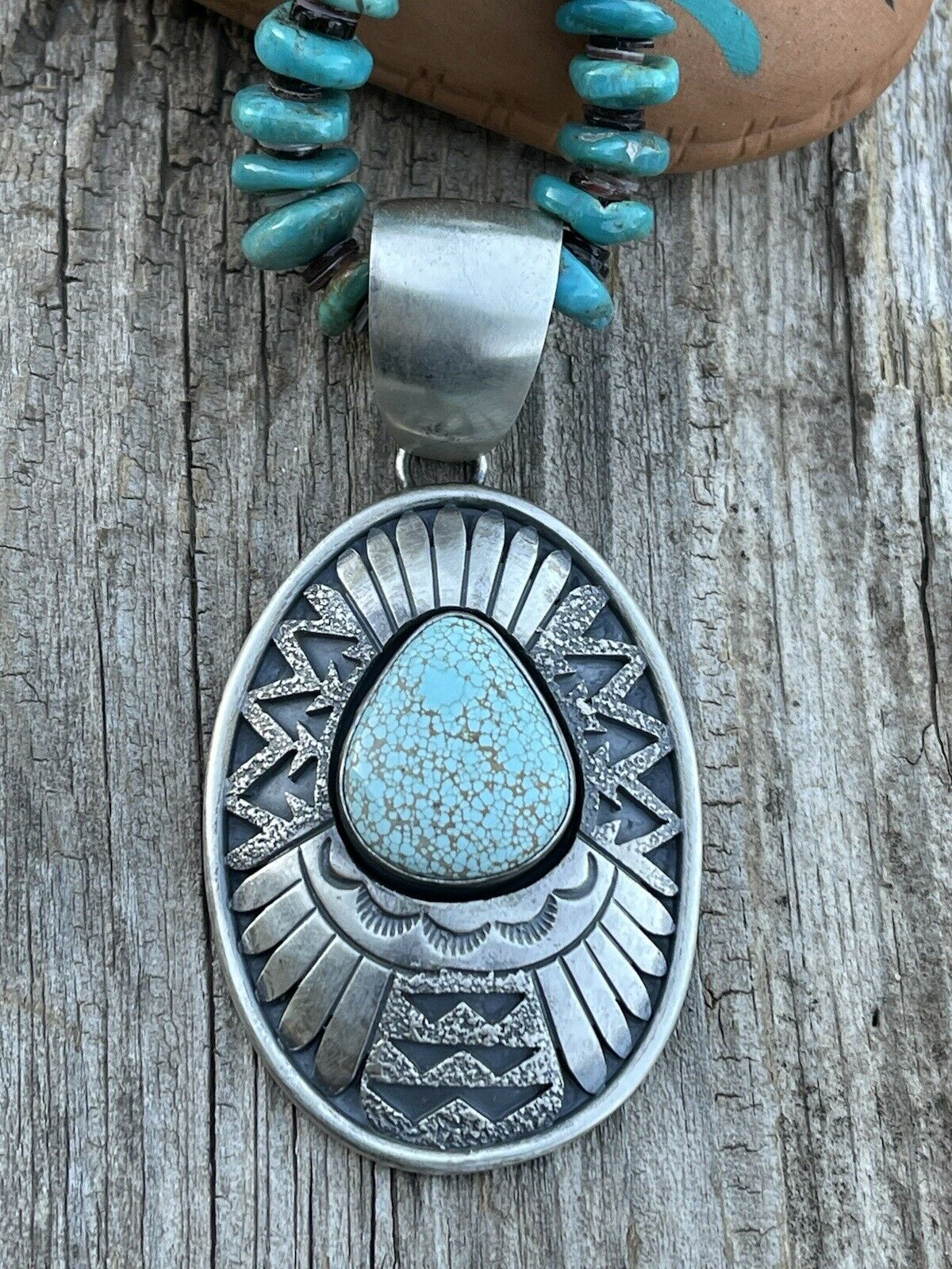 Navajo Dry Creek Turquoise Stone & Sand Cast Sterling Silver Pendant Signed