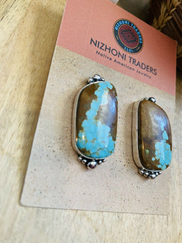 Navajo Number 8 Turquoise & Sterling Silver Post Earrings Signed