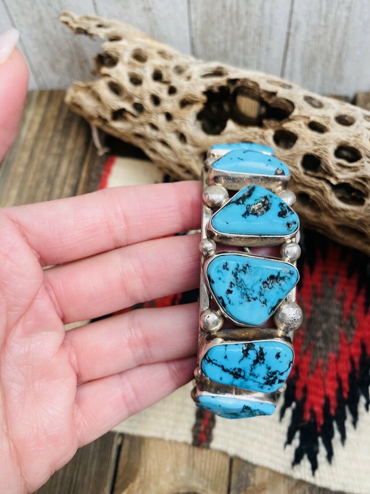 Navajo Old Pawn Vintage Kingman Turquoise & Sterling Silver Cuff Bracelet