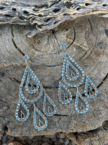 Zuni Sterling Silver & Snake Eye Chandelier Turquoise Dangle Earrings