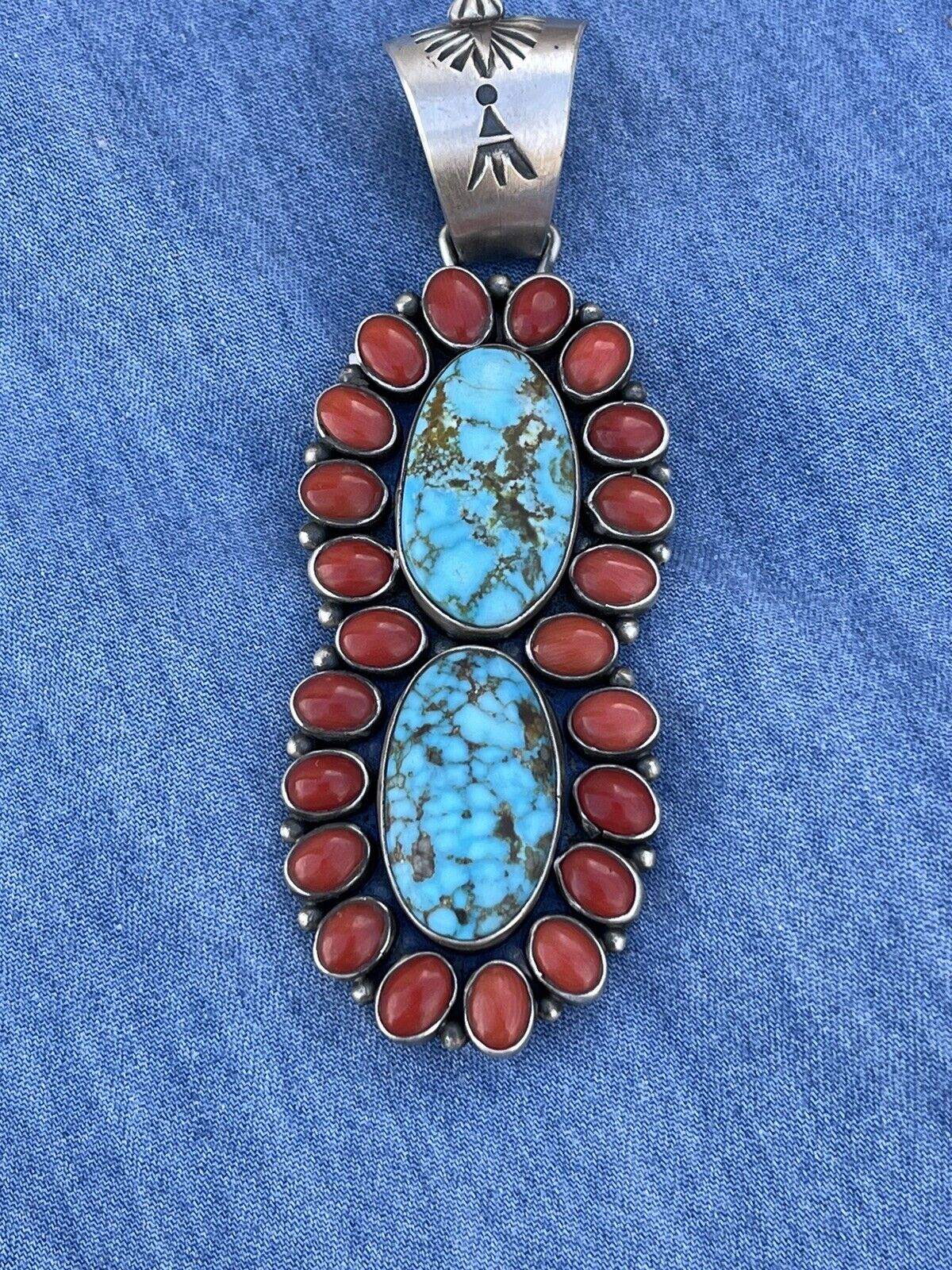 Navajo Sterling 2 Stone Kingman Web Turquoise & Red Coral Taos Pendant