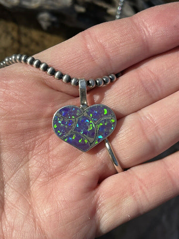 Zuni Iridescent Green Opal & Sterling Silver Heart Pendant