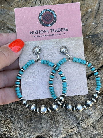 Navajo Sterling Silver Turquoise Stone Post Hoop Earrings