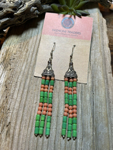 Navajo Sterling Dyed Green Kingman Turquoise and Pink Coral Bead Earrings