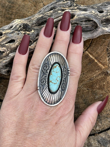 Navajo Number 8 Turquoise & Sterling Silver Statement Ring Size 8.5 Signed