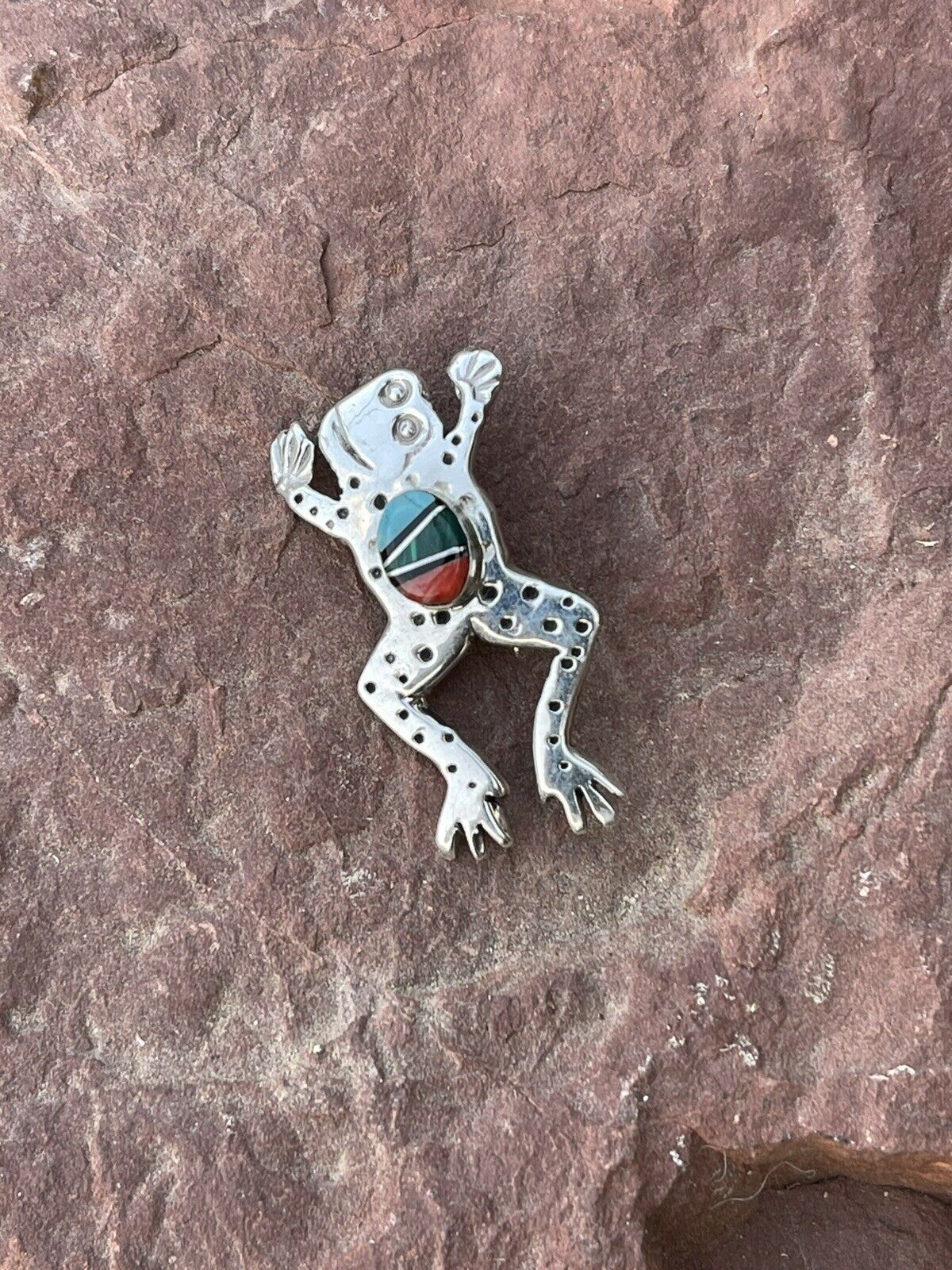 Navajo Sterling Silver Multi Stone Leap Frog Pendant Pin Signed