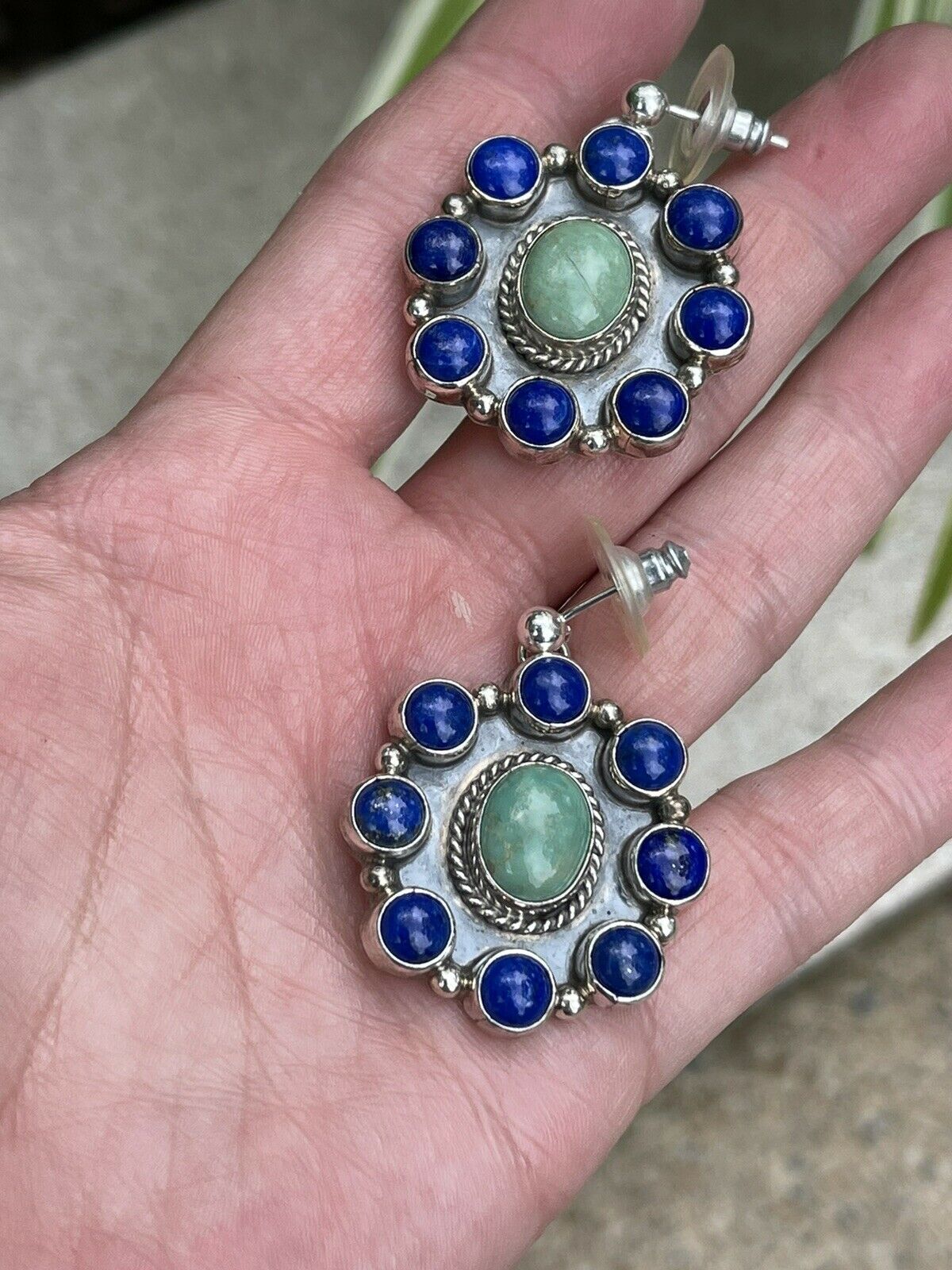 Navajo Sterling Silver Lapis & Turquoise Stone Cluster Dangle Earrings B. Lee