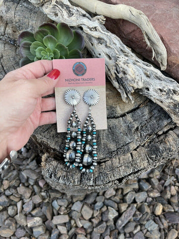 Navajo Sterling Silver Turquoise Gradual Bead Dangle Earrings