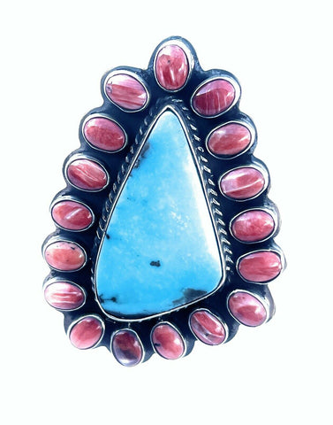 Navajo Cluster Fox Turquoise Spiny Sterling Silver Ring Sz Is Adjustable