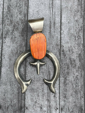 Navajo Chimney Butte Orange Spiny & Sterling Silver Naja Pendant Signed