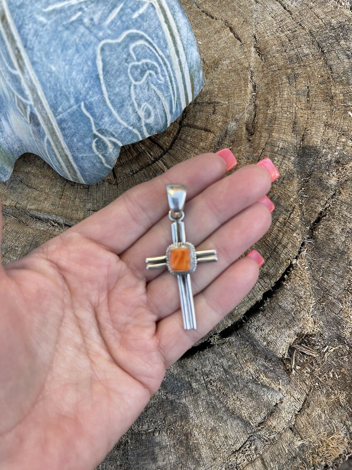 Navajo Sterling Silver & Orange Spiny Shell  Cross Pendant Signed