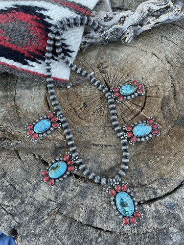 Navajo Sterling Kingman Turquoise Natural Red Coral Necklace Taos Collection