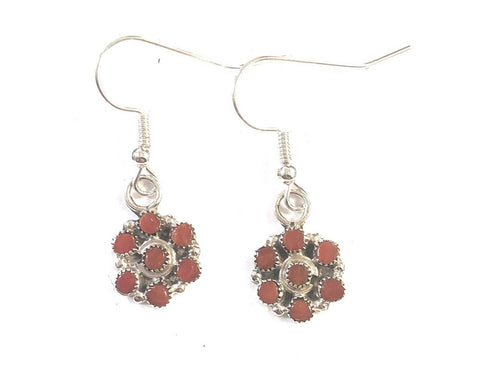 Zuni Petit Point Red Coral  Sterling Silver Dangle Earrings