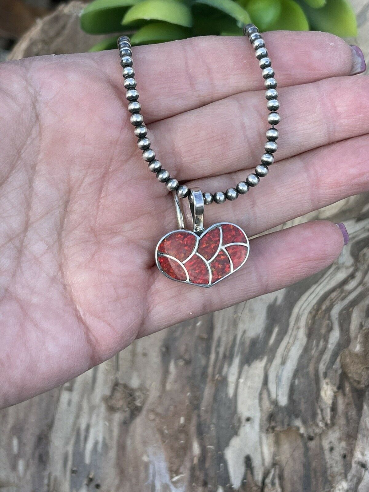 Zuni Iridescent Red Opal & Sterling Silver Heart Pendant