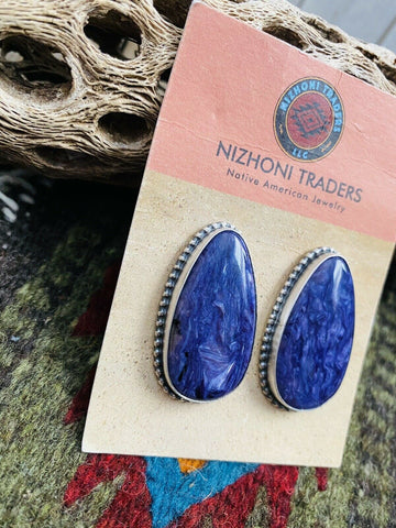 Navajo Charoite And Sterling Silver Post Earrings Signed