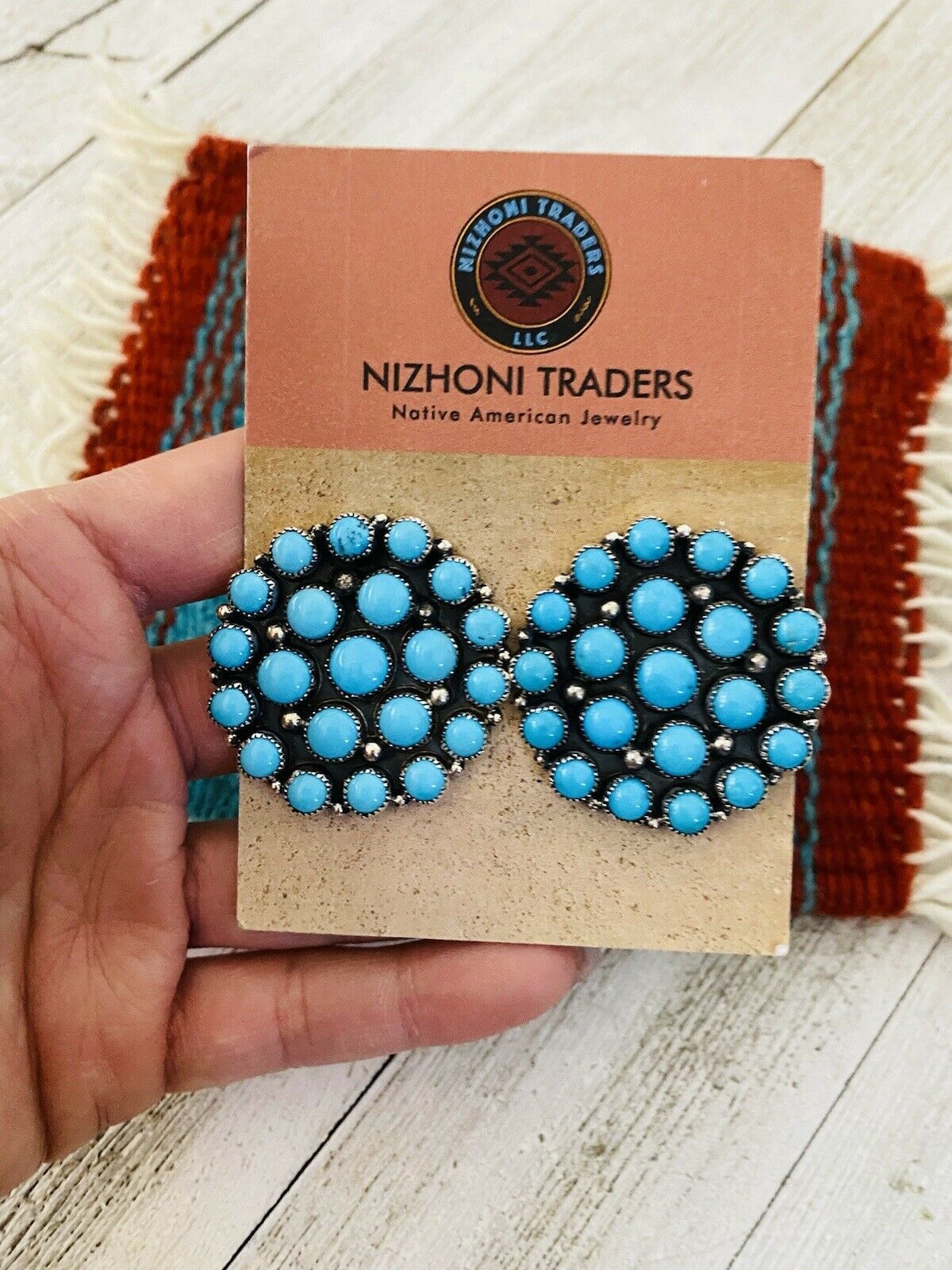 Navajo Sleeping Beauty Turquoise & Sterling Silver Cluster Stud Earrings Signed