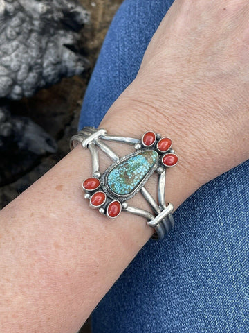 Navajo Sterling Kingman Web Turquoise & Red Coral Taos Bracelet Cuff Johnson