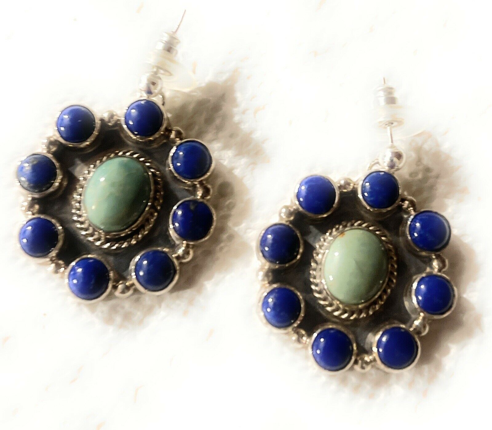 Navajo Sterling Silver Lapis & Turquoise Stone Cluster Dangle Earrings B. Lee