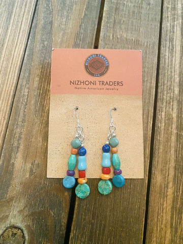 Navajo Sterling Silver Multi Stone Beaded Dangle Earrings