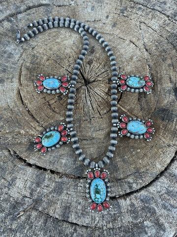 Navajo Sterling Kingman Turquoise Natural Red Coral Necklace Taos Collection