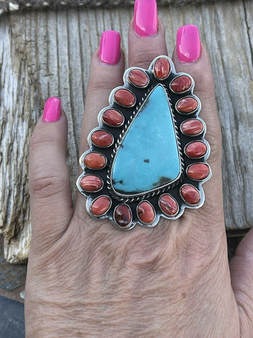 Navajo Cluster Fox Turquoise Spiny Sterling Silver Ring Sz Is Adjustable