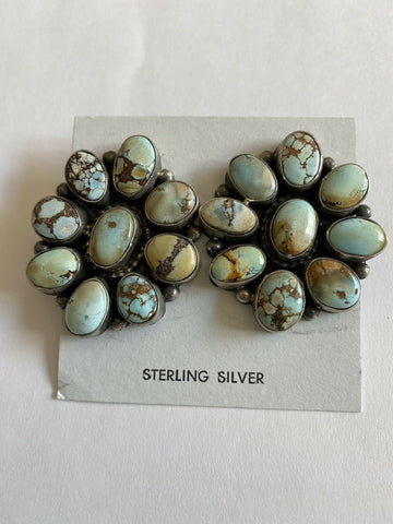 Navajo Sterling Silver & Golden Hills Turquoise  Cluster Post Earrings Signed