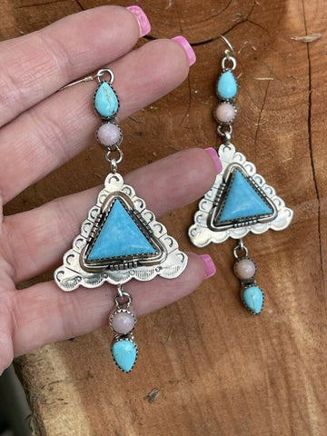 Navajo Sterling Southwest Triangle Pink Jasper Turquoise  Hook Dangle Earrings