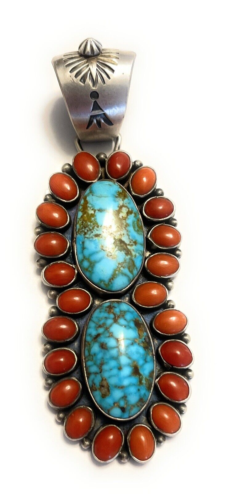 Navajo Sterling 2 Stone Kingman Web Turquoise & Red Coral Taos Pendant