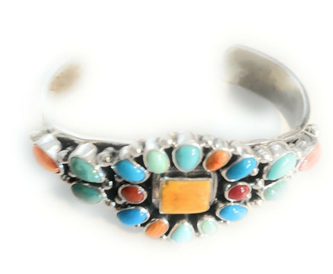 Navajo Multi Stone Sterling Silver Cluster Colorful Cuff Bracelet