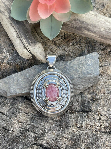 Navajo Sterling Silver Pink Rhodonite Elegant Pendant Signed