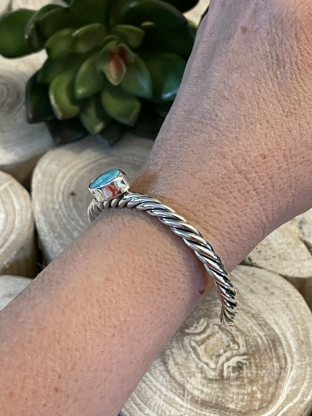 Navajo Sterling Sonoran Mountain Turquoise  Southwest Rope Bracelet Cuff