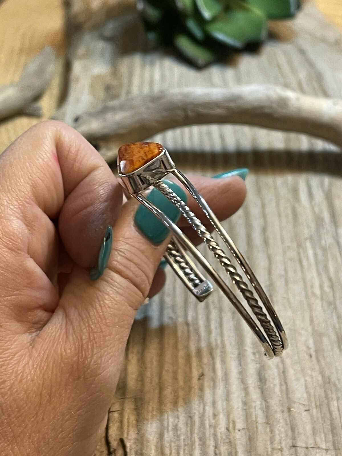 Navajo Triangle Orange Spiny Sterling Silver Bracelet Rope Style Cuff