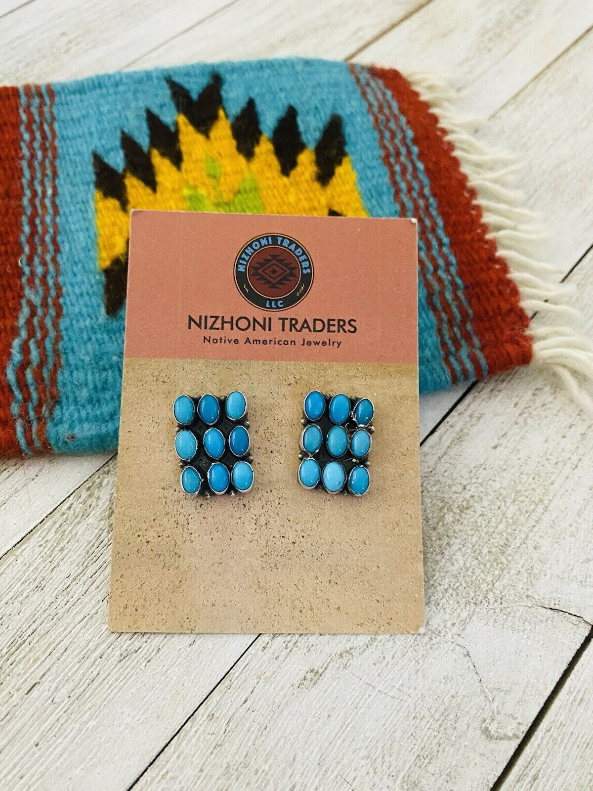 Navajo Turquoise & Sterling Silver Cluster Stud Earrings Signed