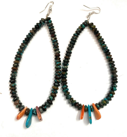 Navajo Turquoise & Spiny Oyster Beaded Dangle Hoop Earrings