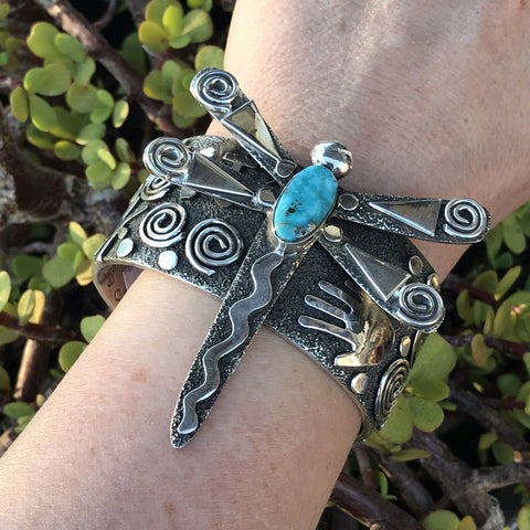 Sterling Turquoise Navajo Dragonfly Bracelet Cuff By Alex Sanchez