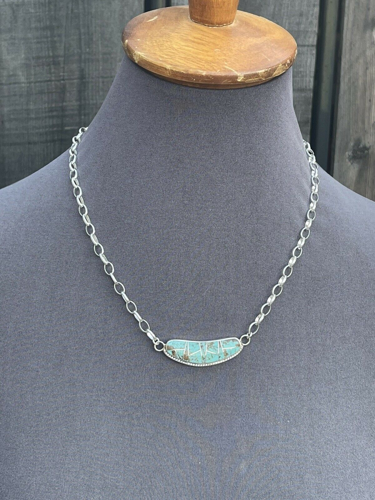 Navajo Sterling Silver & Turquoise Inlay Sleek Pendant Necklace