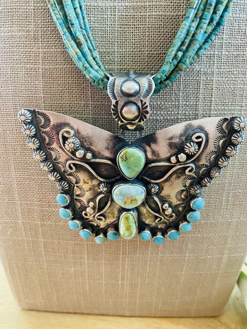 Navajo Sonoran Mountain Turquoise & Sterling Silver  Butterfly Necklace Signed