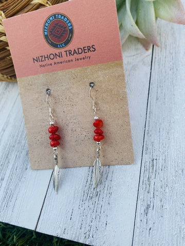 Navajo Coral & Sterling Silver Feather Dangle Earrings