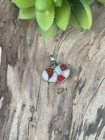 Zuni Iridescent Red Candy Cane Opal & Sterling Silver Heart Pendant