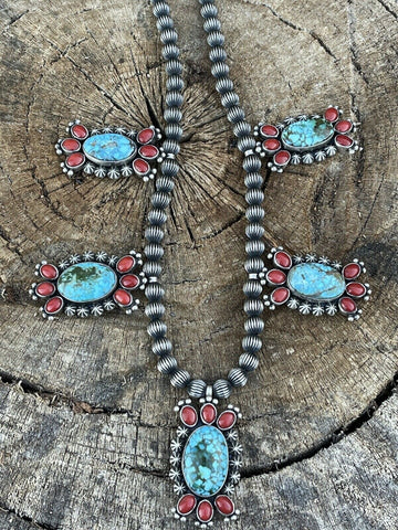 Navajo Sterling Kingman Turquoise Natural Red Coral Necklace Taos Collection