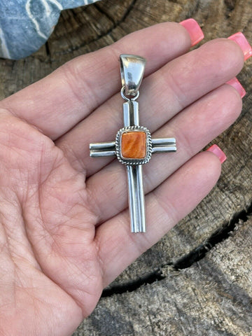 Navajo Sterling Silver & Orange Spiny Shell  Cross Pendant Signed