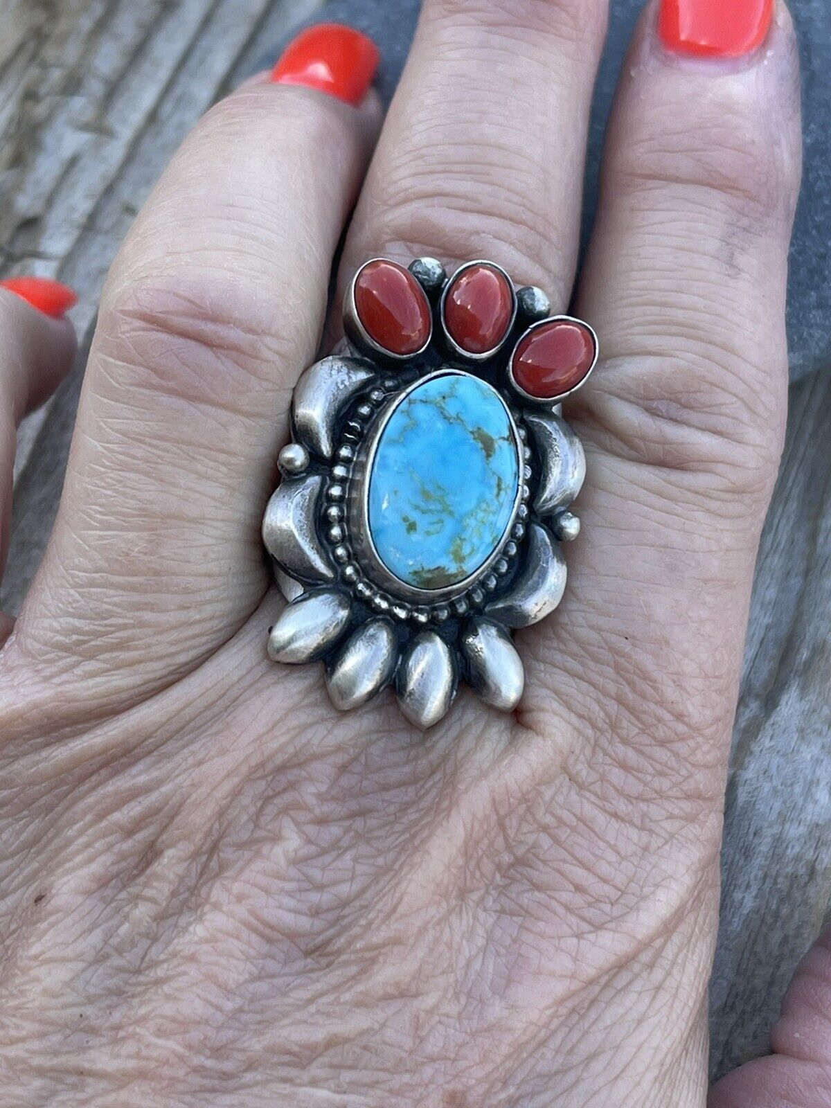 Navajo Sterling Kingman Web Turquoise & Red Coral Taos Collection Ring Sz 7.5