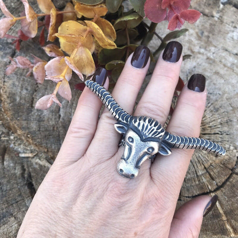 Navajo Sterling Silver Longhorn Cattle Steer Head Statement Ring