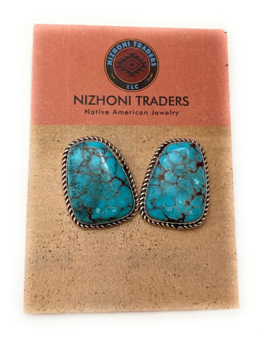 Navajo Kingman Turquoise & Sterling Silver Stud Earrings Signed