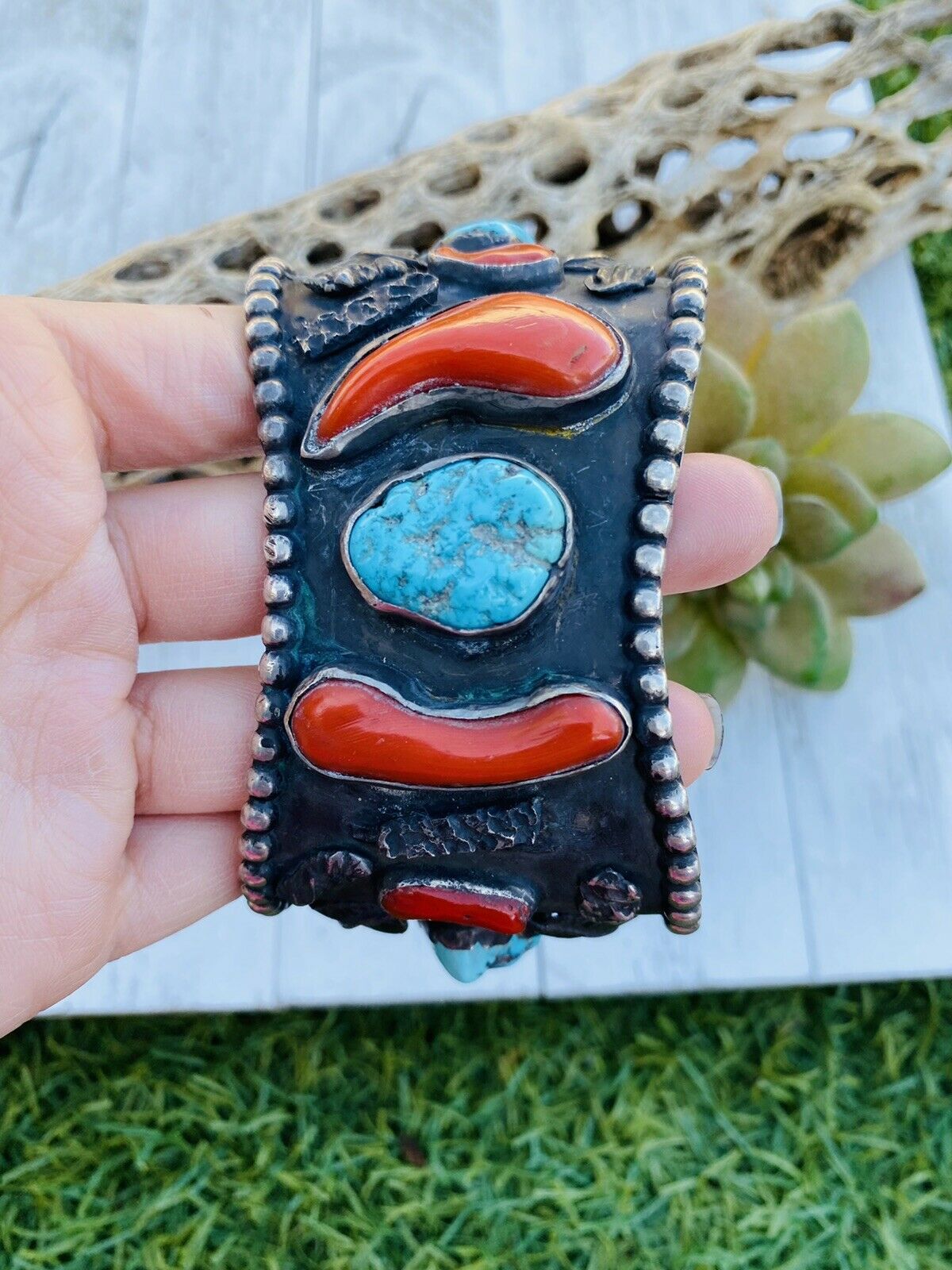 Vintage Navajo Turquoise, Coral & Sterling Silver Cuff Bracelet