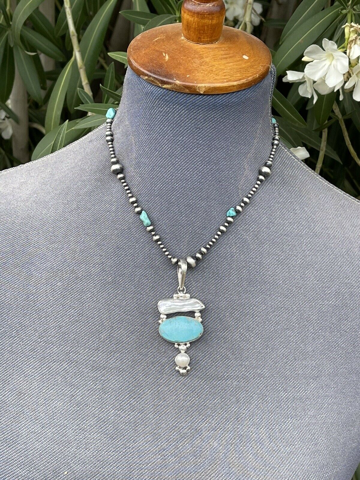 Turquoise & Mother Of Pearl Sterling Silver Navajo Pendant